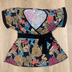 Floral Blouse With Tie Accent- Black and Multicolor Size Small